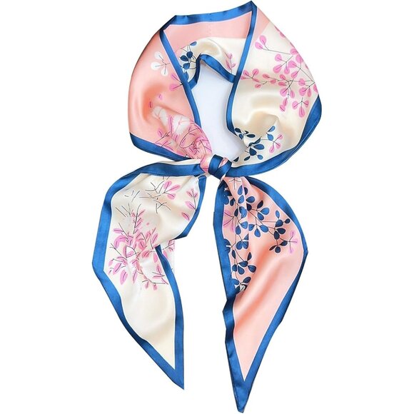 Women's Pink Flowers Blue Fashion Oblique Angle Silk Neck Scarf Printed Scarves - Picture 1 of 7